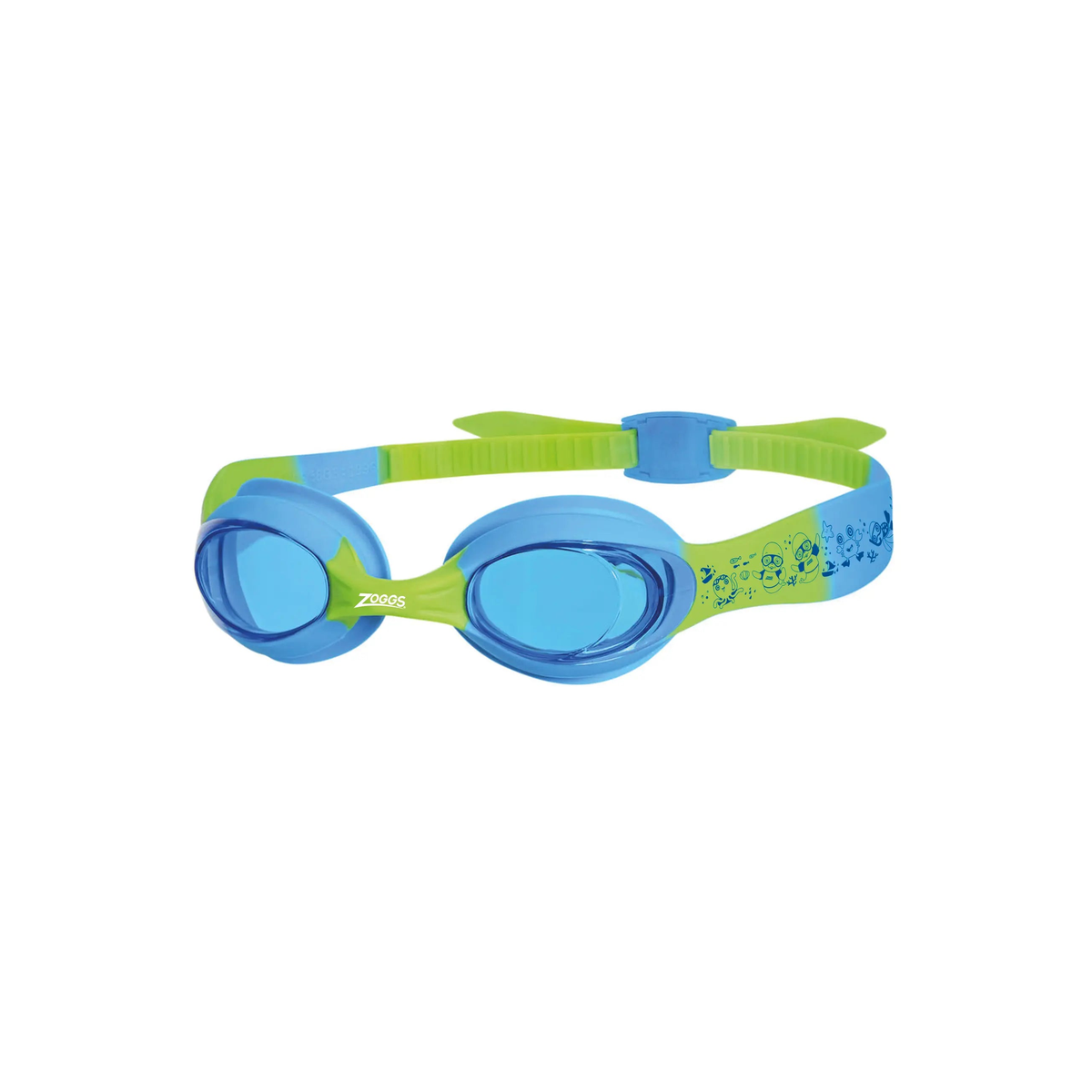 Zoggs Little Twist Kids Swimming Goggles 0-6 Years Character Print Goggles in Blue/Green - Tinted Blue Lens - front