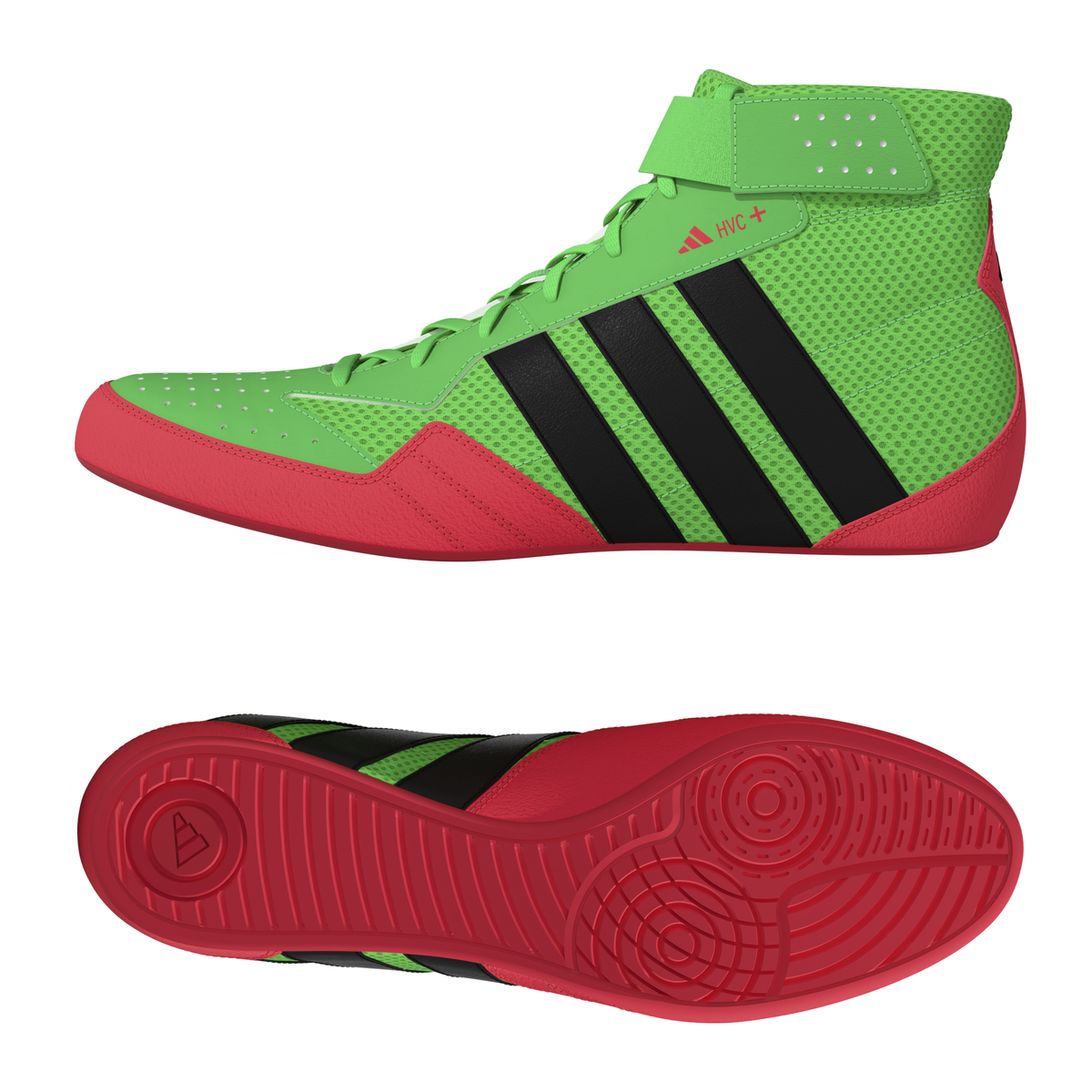 Adidas HVC Plus Youth Screaming Green/Black/Pink Wrestling Shoes in Screaming Green/Black/Pink - front angle view