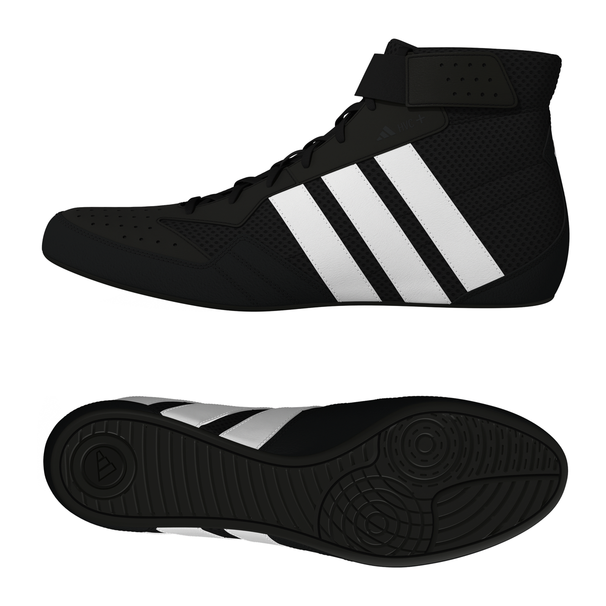 Adidas HVC Plus Youth Black/White Wrestling Shoes in Black/White - front angle view