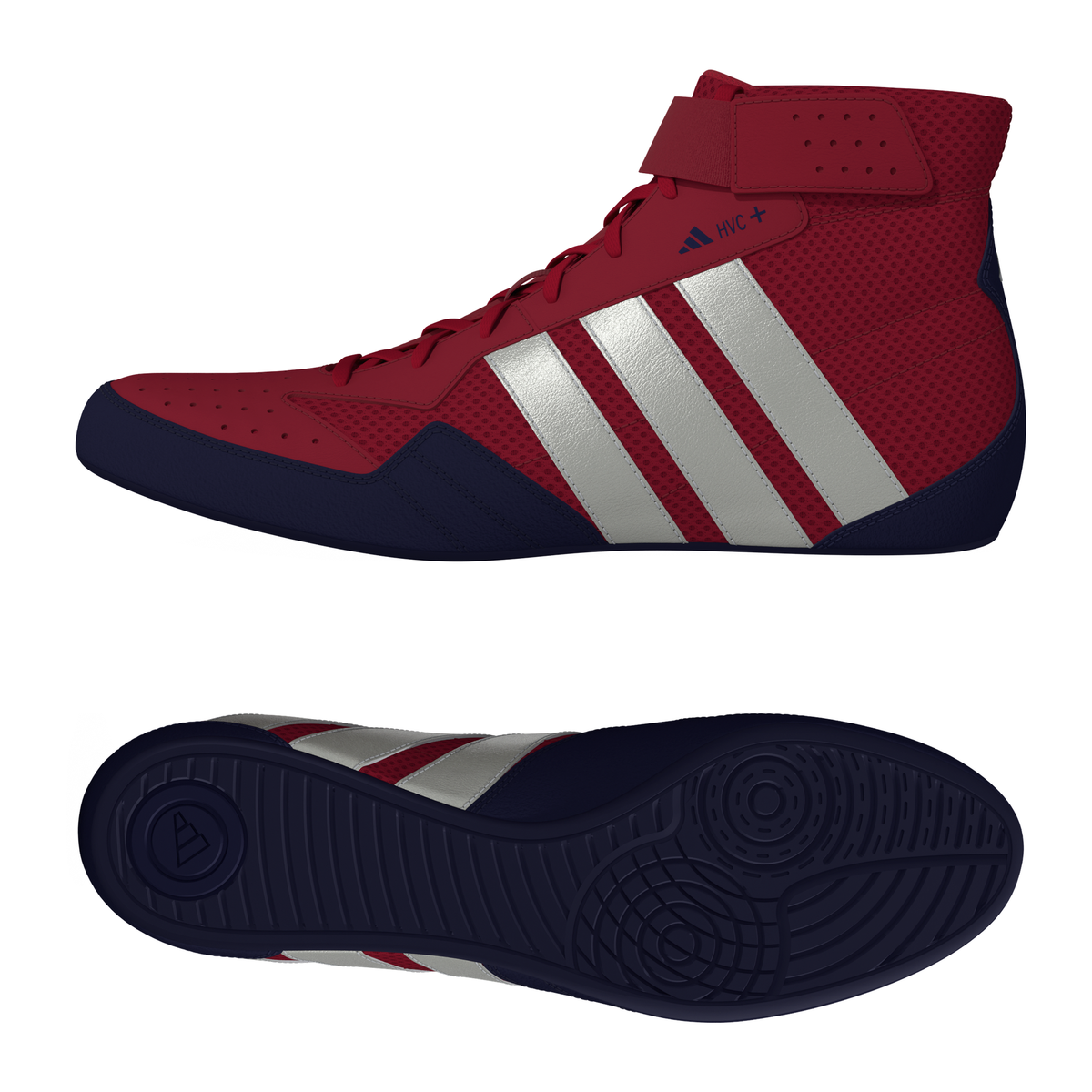Adidas HVC Plus Youth Red/Silver/Navy Wrestling Shoes in Red/Silver/Navy - front angle view