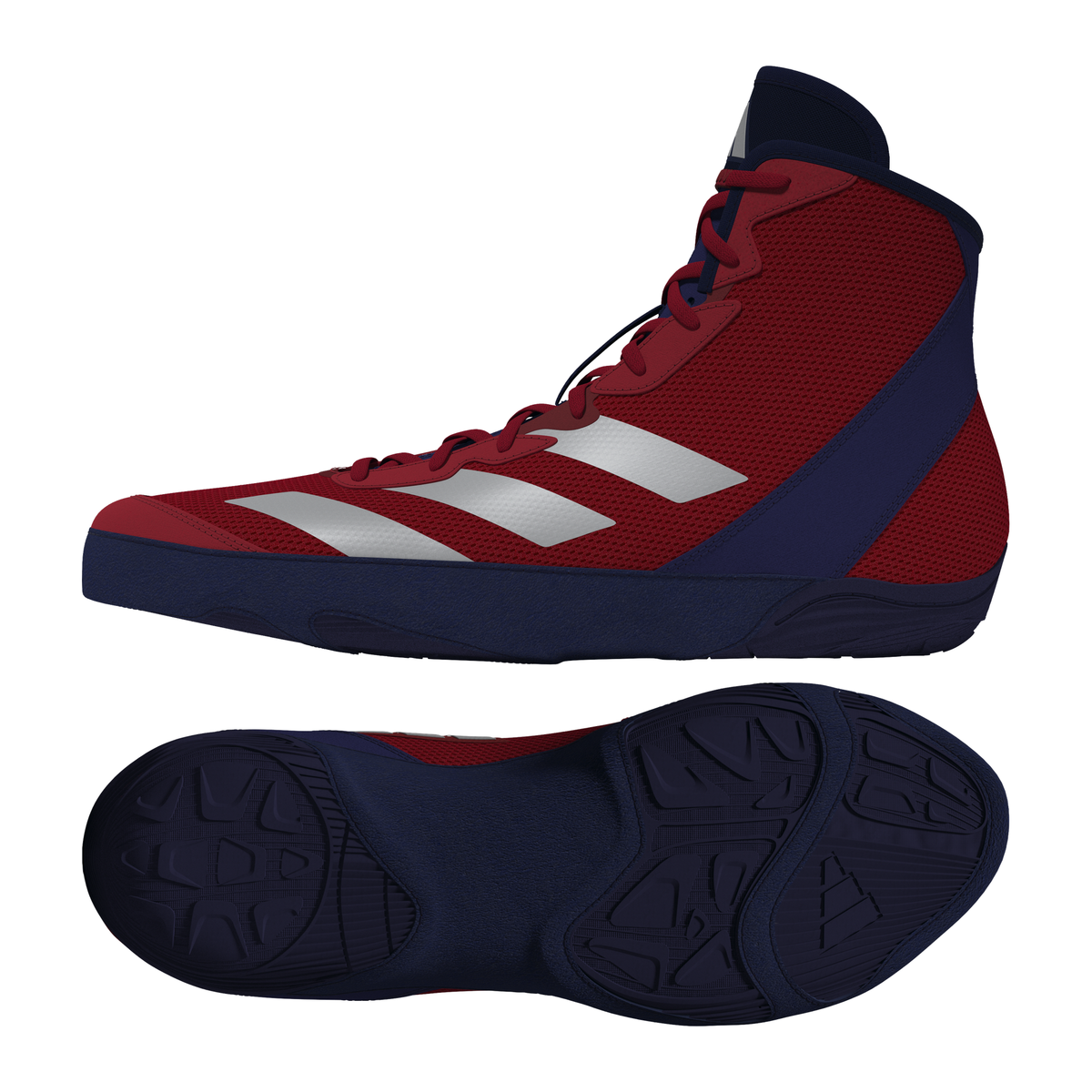 Adidas Adizero Red/Silver/Navy Wrestling Shoes in Red/Silver/Navy - front angle view