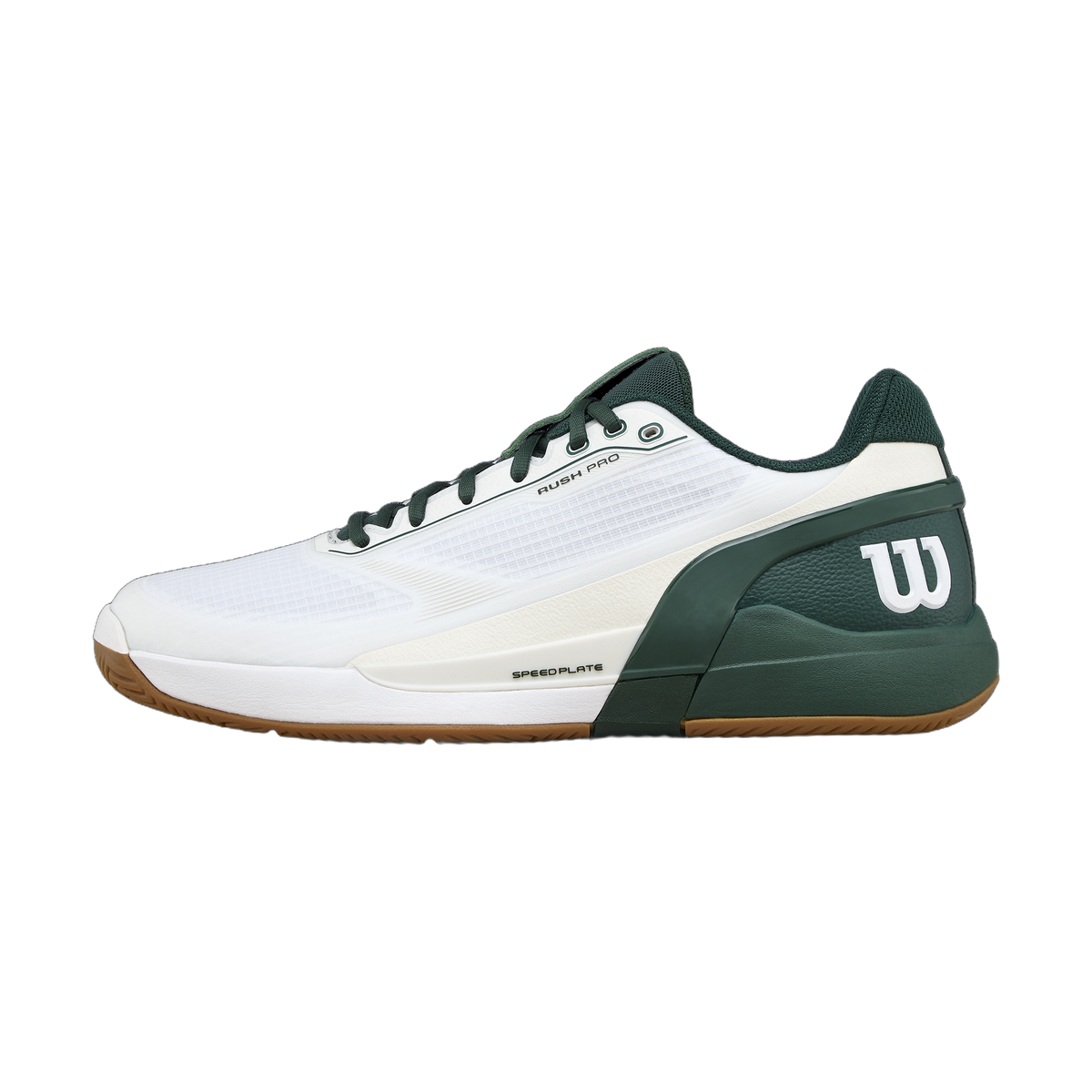 Wilson Rush Pro 5 Tennis Shoes in White/Sycamore/Gum - lateral side view