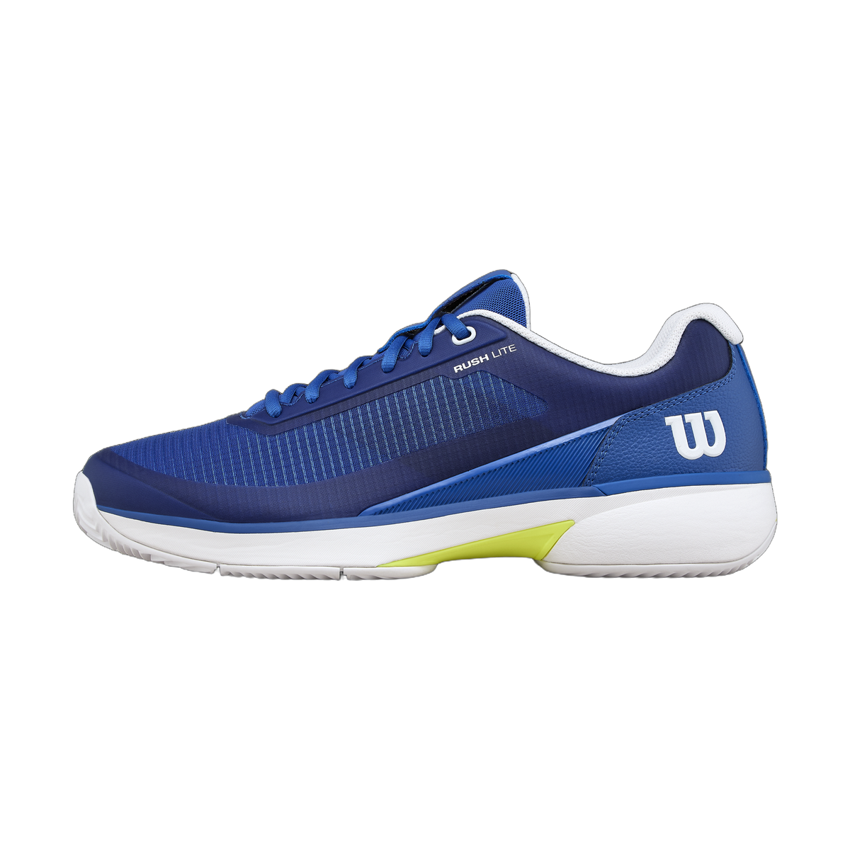 Wilson Rush Lite 5 Clay Tennis Shoes in Deja Vu Blue/White/Safety Yellow - lateral side view