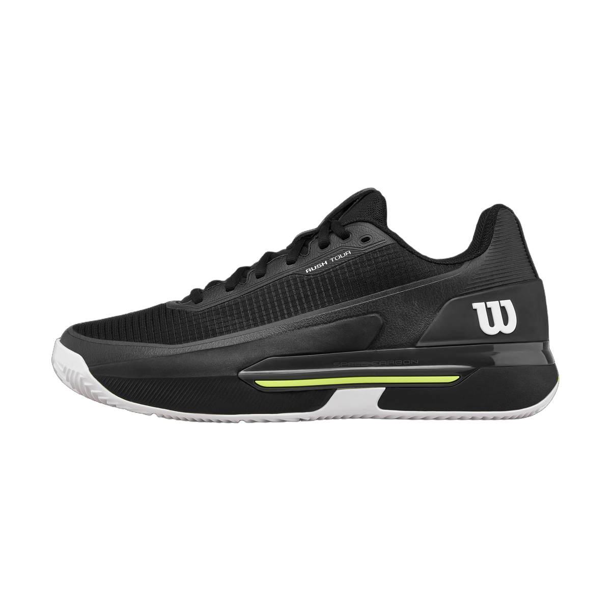 Wilson Rush Tour 5 Clay Tennis Shoes in Black/White/Safety Yellow - lateral side view