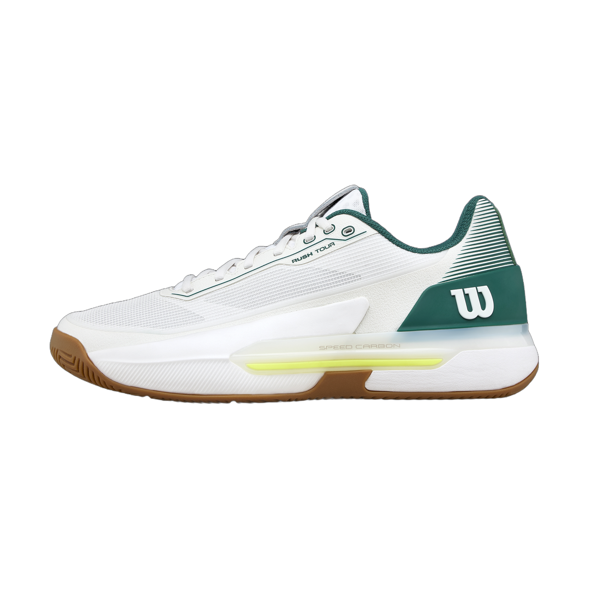 Wilson Rush Tour 5 Tennis Shoes in White/Evergreen/Gum - lateral side view