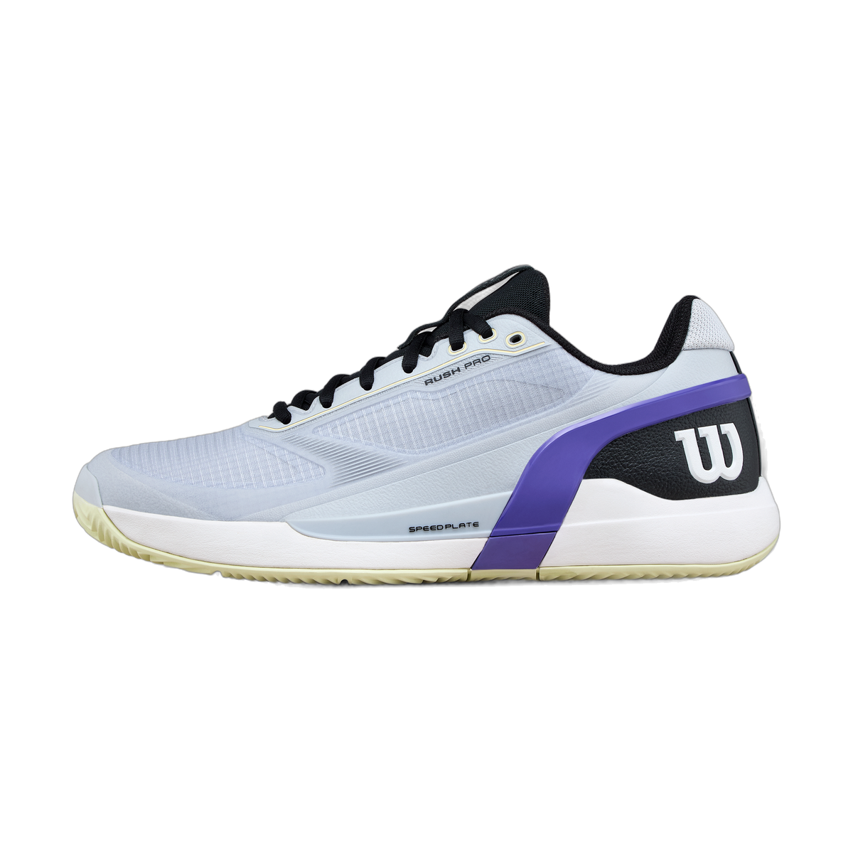 Wilson Rush Pro 5 Clay Tennis Shoes in Gray Dawn/Black/Tender Yellow - lateral side view