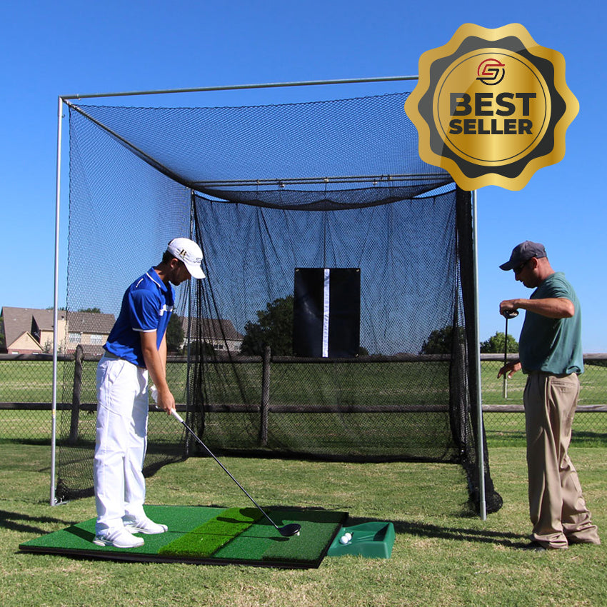 Cimarron 10x10x10 Masters Golf Net with Frame Kit, 4x6 Ultimate Golf Mat, & Ball Tray - Front View