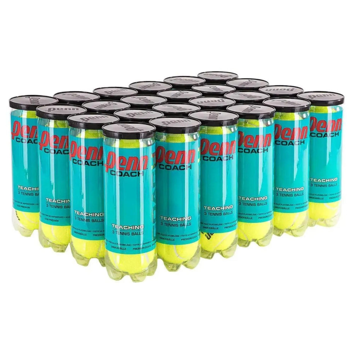 Case of teaching tennis balls in multiple cans with labeled packaging and sealed lids.
