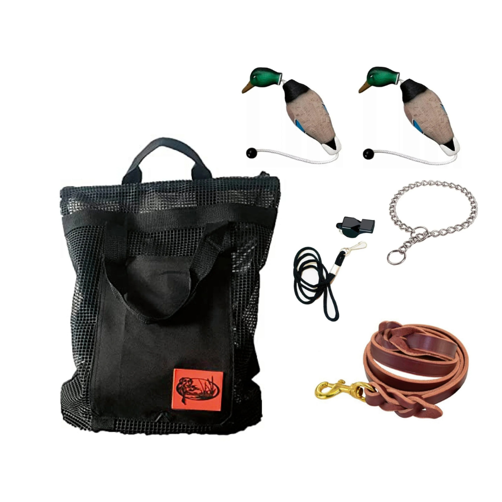 HuntEmUp Hunting Dog Essentials Training Kit - Mesh Bumper Storage Bag + Dead Fowl Mallard Dummy 2 pc + Whistle & Lanyard + Braided Leather Leash + Training Chain