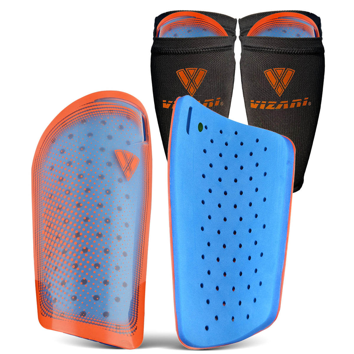 Vizari Atletico Soccer Shin Guard with Compression Pocket Sleeve – Orange/Blue