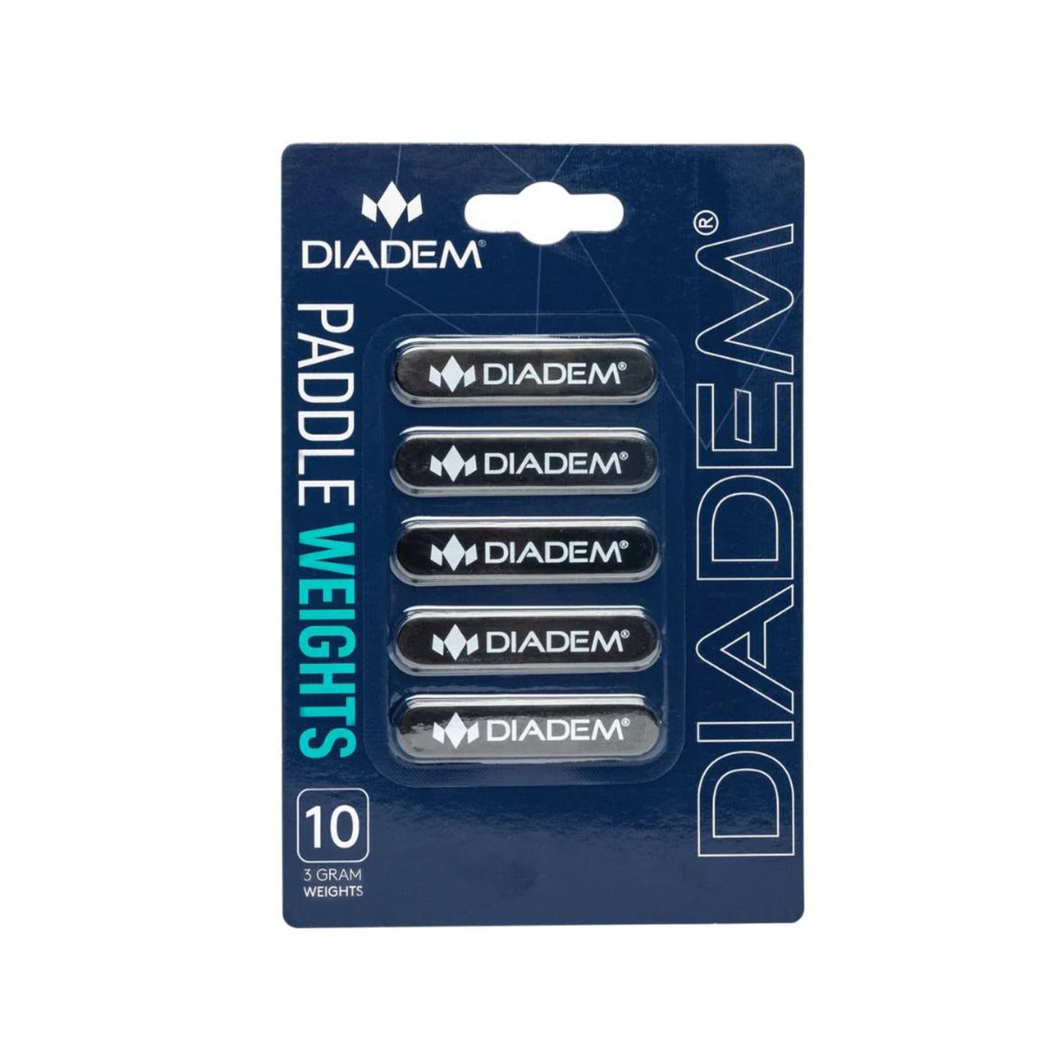 Diadem paddle weights set featuring multiple small adhesive weight strips, shown in retail packaging for customizing paddle balance.