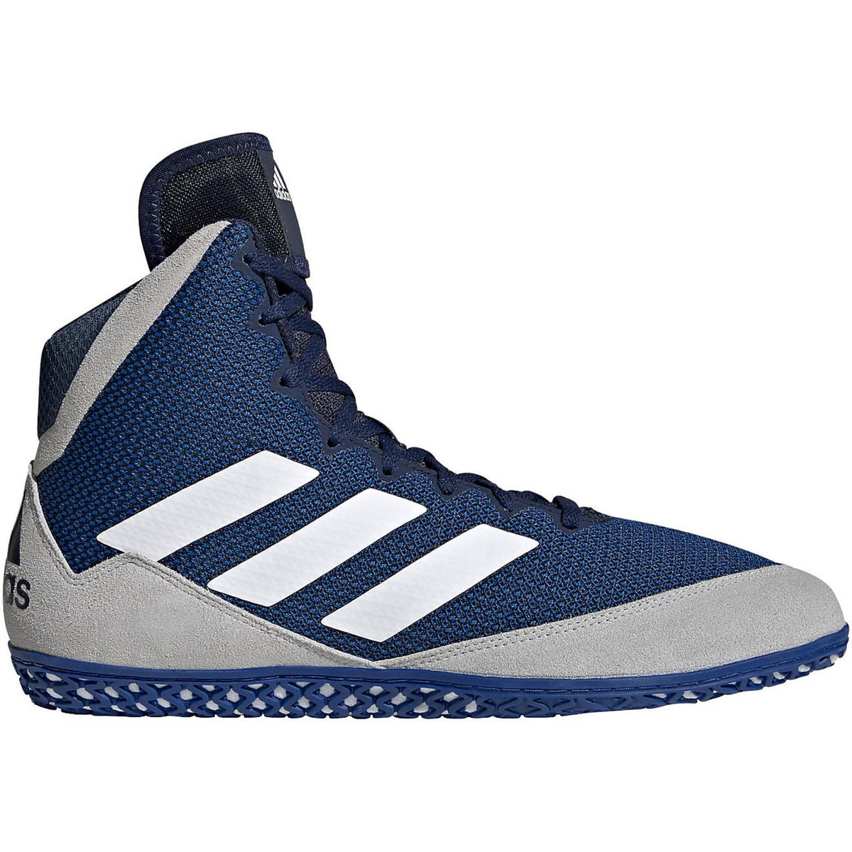 Navy blue high-top wrestling shoe with a breathable mesh upper, white three-stripe side branding, and light gray suede-style toe and heel overlays; shown in a side profile on a white background, featuring a low-profile blue rubber outsole with textured traction designed for grip and mat control.