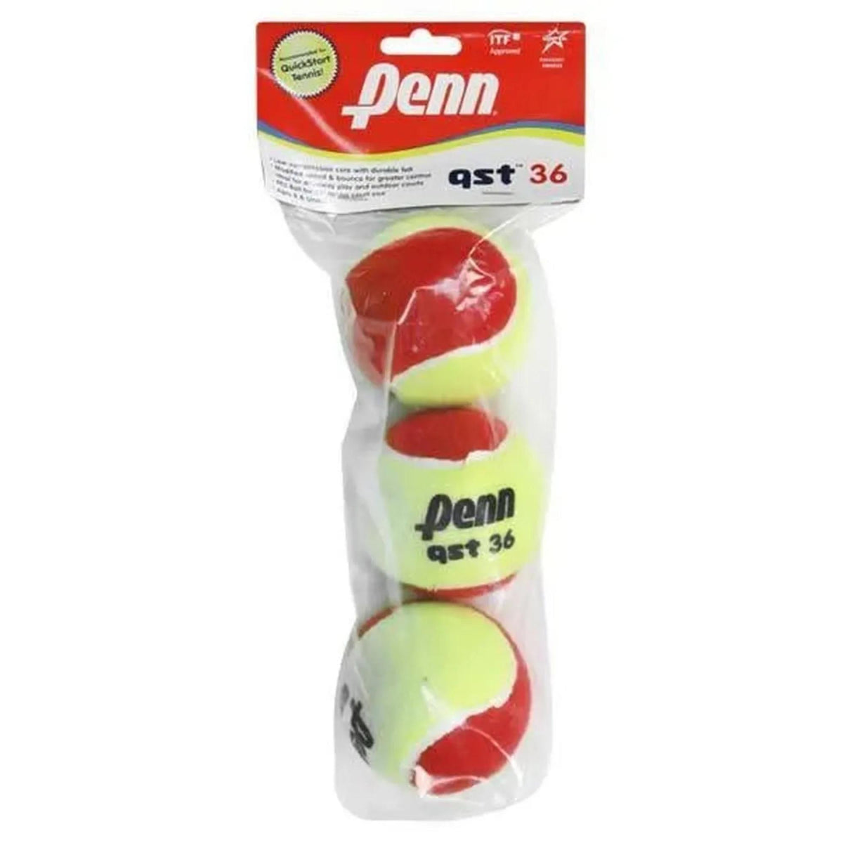 Pack of Penn QST 36 felt tennis balls in a small retail bag designed for beginner and training play.