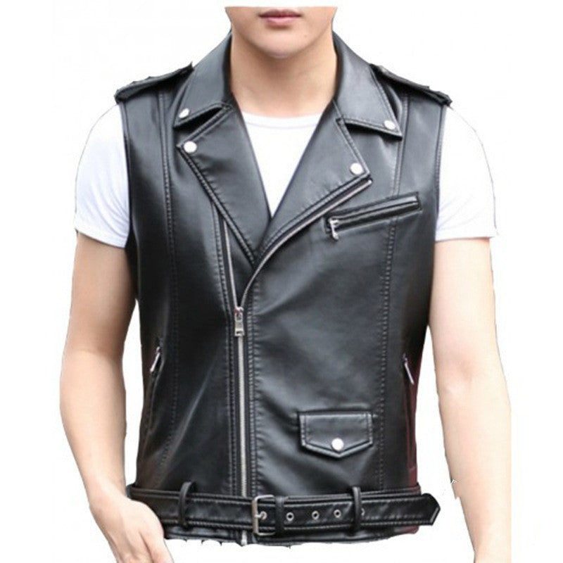 Men’s Black PU Leather Motorcycle Vest – Punk Biker Moto Jacket