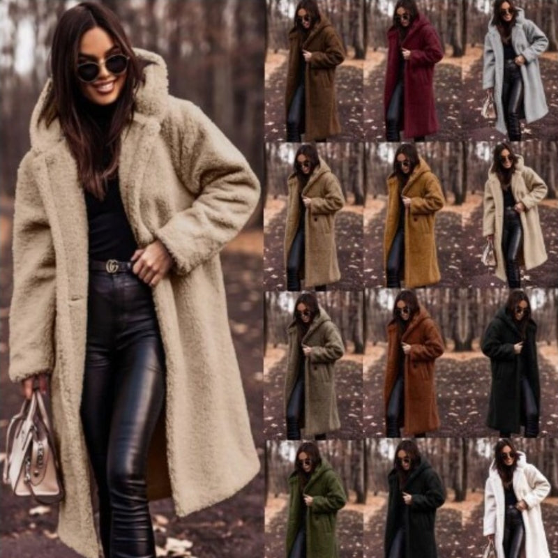 Women’s Long Hooded Teddy Coat – Polyester Faux Fleece, Relaxed Fit