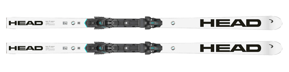 HEAD Worldcup Rebels e-SG Rebel Junior Super G Race Skis, 195 cm in White - top view with binding