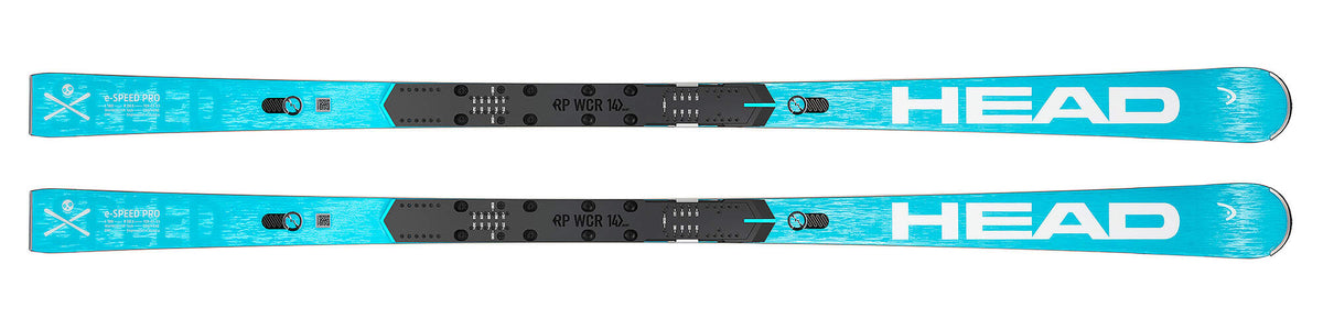 HEAD Worldcup Rebels e-Speed Pro Race Skis with RP WCR 14 Plate, Blue/White, 175 cm - top view with race plate