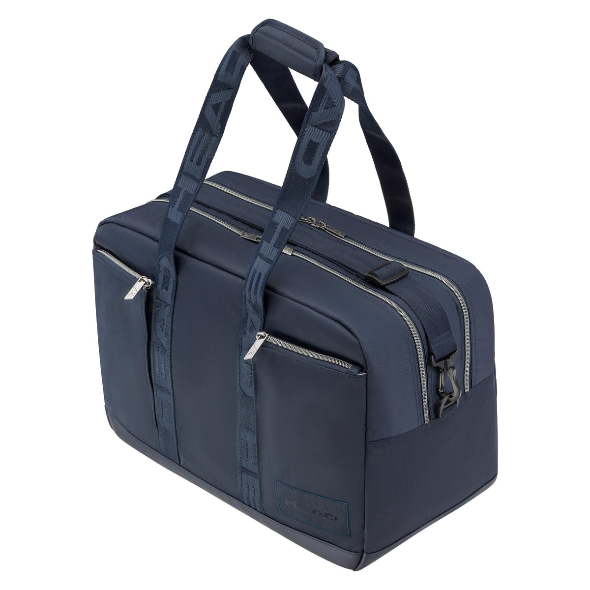 Navy HEAD Pro tote bag shown from the front with multiple zippered pockets and carry handles.