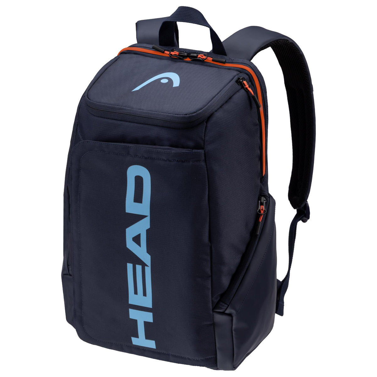 Navy HEAD tennis backpack with orange zipper accents and racket handle visible in top compartment on white background.