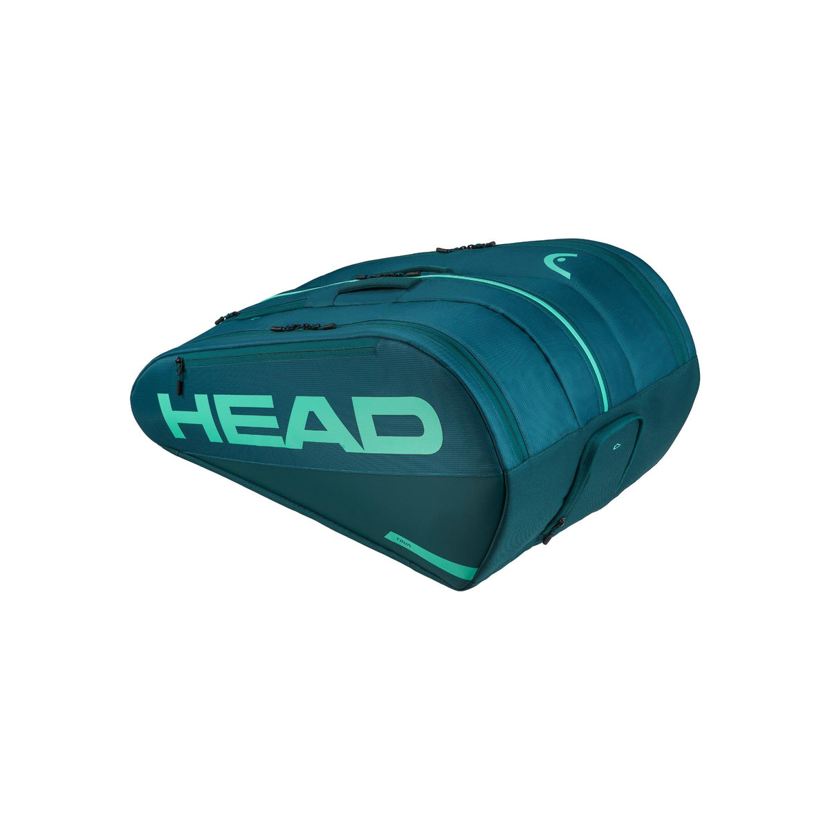 Teal HEAD Tour XL tennis racquet bag shown in angled side view with large mint HEAD logo and zippered compartments on a white background.