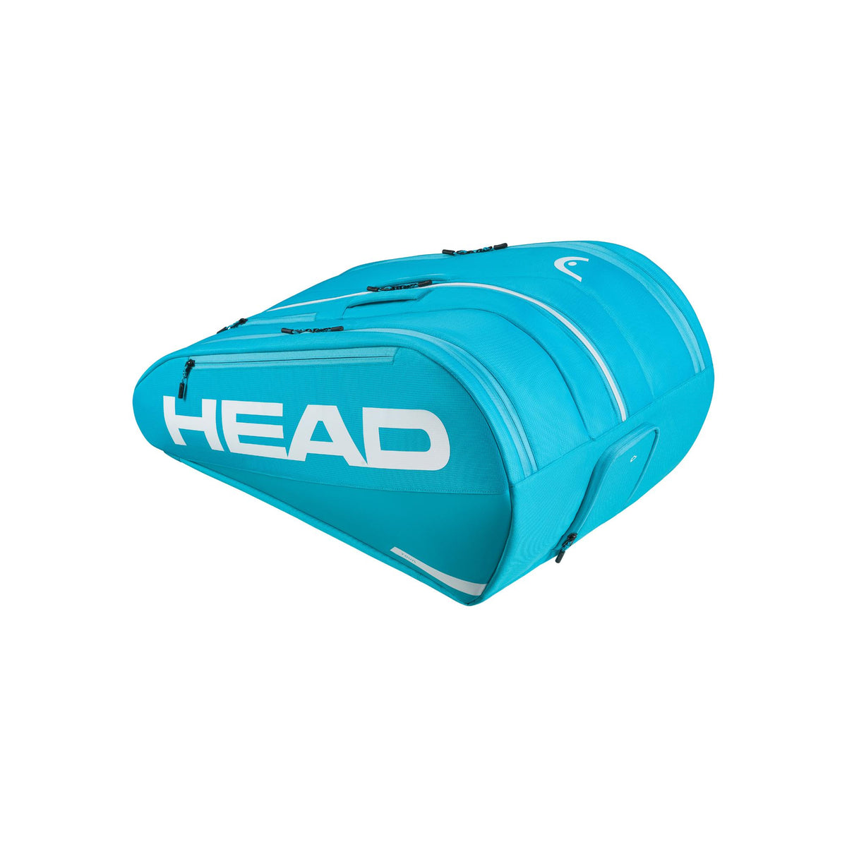 White HEAD Tour XL racquet bag shown in angled side view with bold black HEAD logo and multiple zippered compartments.