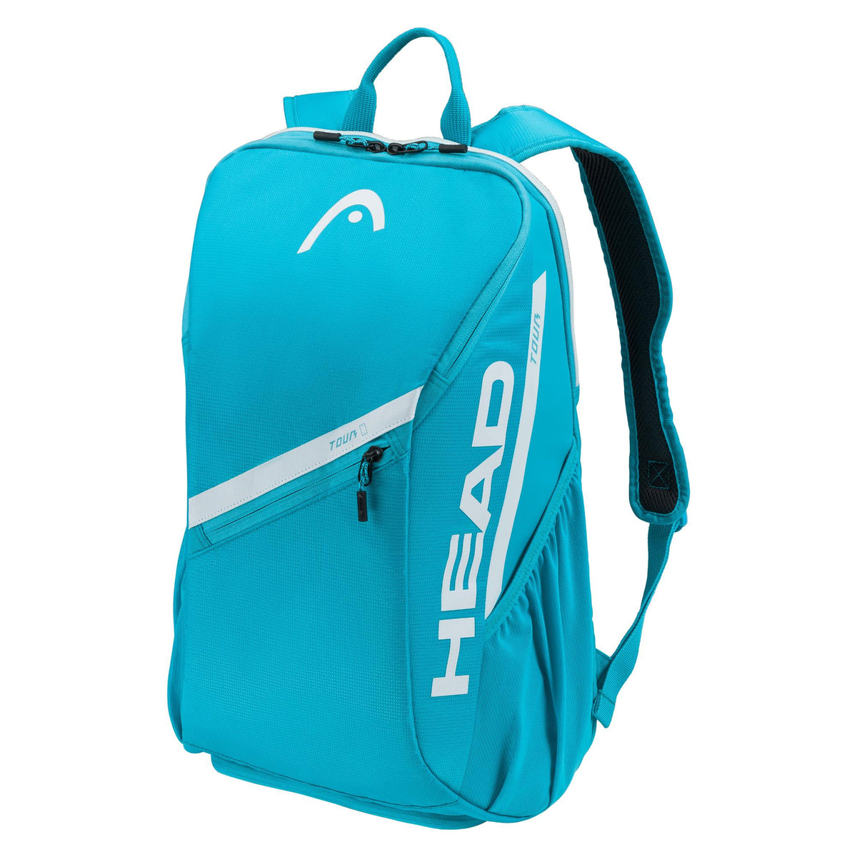 Blue HEAD Tour tennis backpack with front zip pocket and bold vertical HEAD logo, shown on a white background.