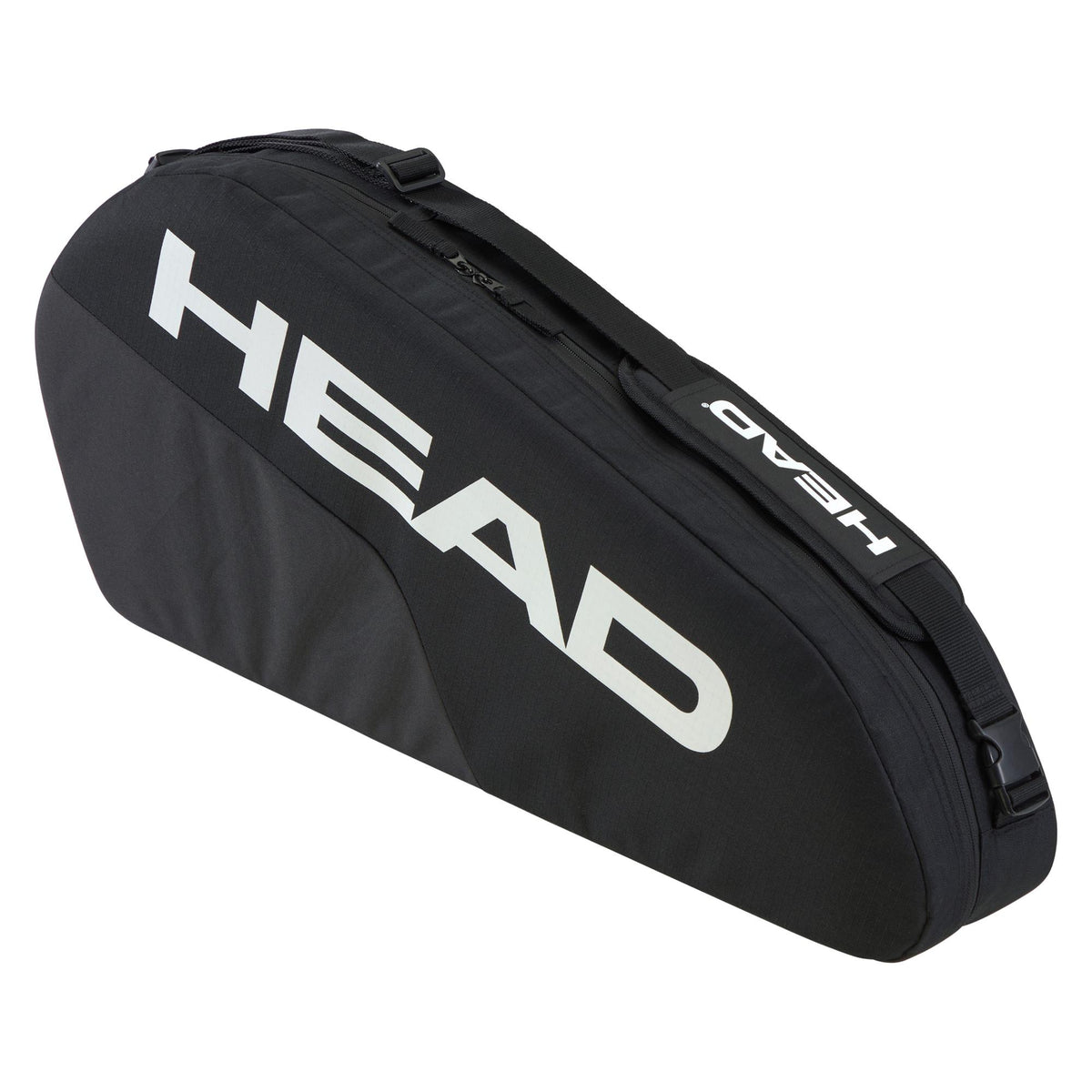 Black HEAD Base racquet bag shown in a side profile with large white HEAD logo and shoulder strap on a white background.
