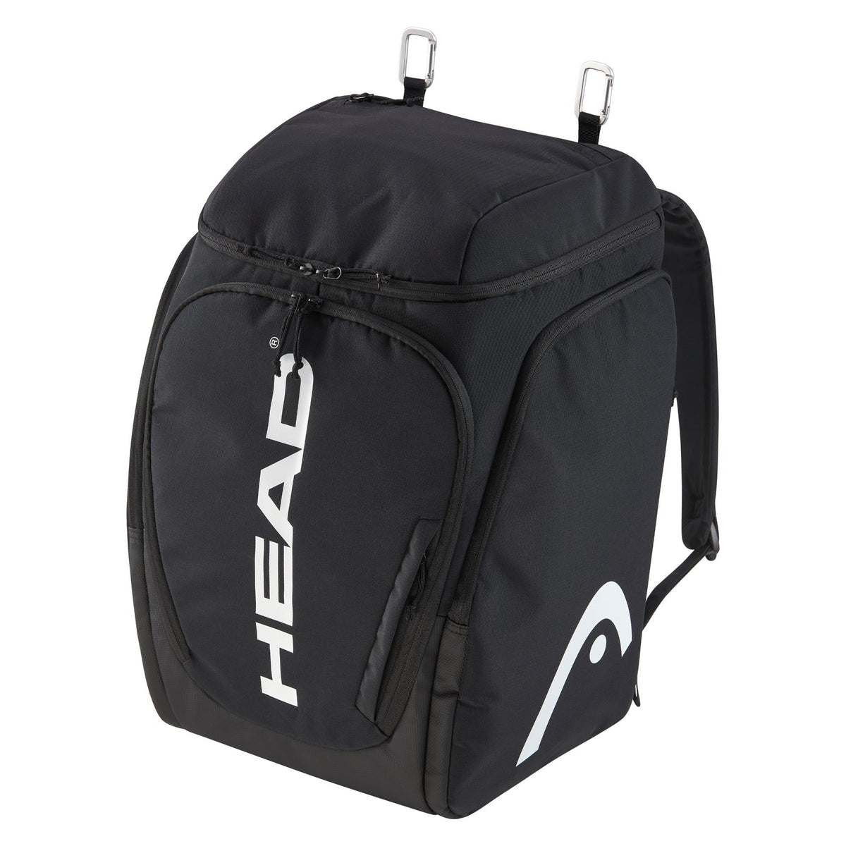 Black HEAD Pro X pickleball backpack with large vertical HEAD logo and top carabiner hooks, shown on a white background.