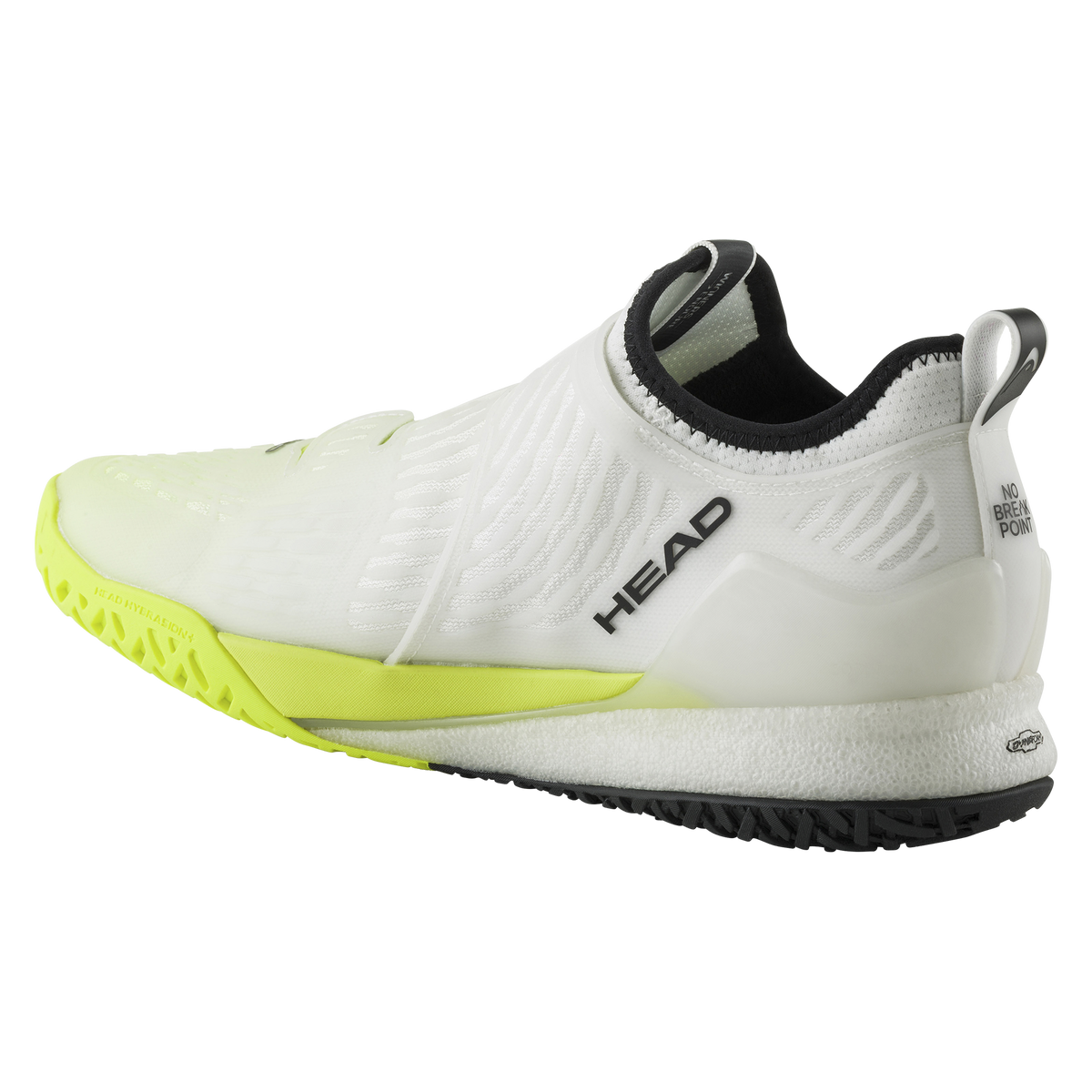 White and neon yellow HEAD Endure Pro BOA men’s athletic shoe with dual BOA dial closure, shown with one shoe angled forward and the outsole visible on a white background.