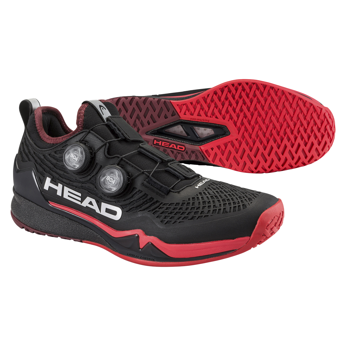 Black and red HEAD Endure Pro BOA men’s athletic shoe with dual BOA dial closure, shown with one shoe angled forward and the outsole visible on a black background.