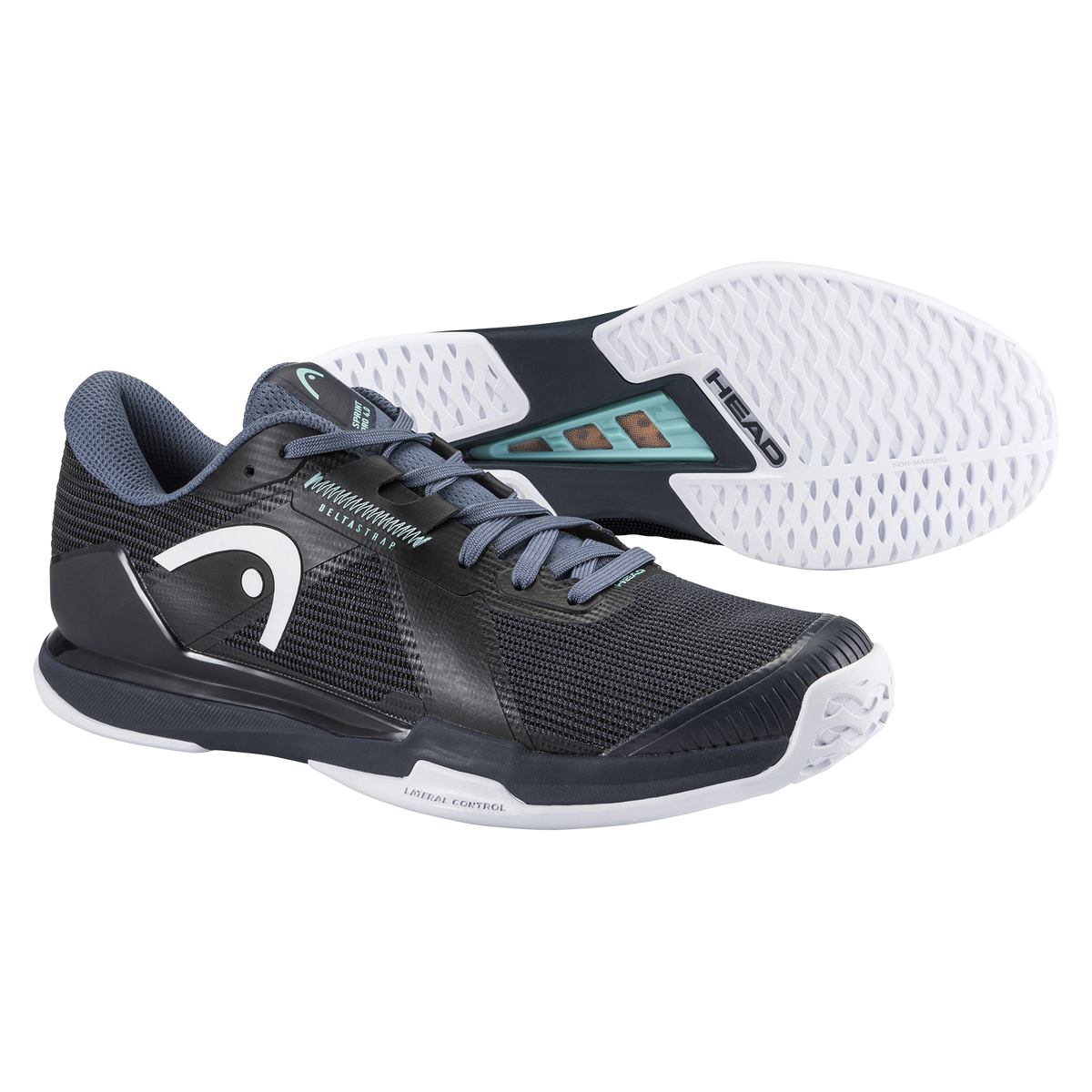 A pair of HEAD Sprint Pro 4.0 tennis shoes shown on a black background, featuring a breathable dark knit upper with supportive overlays, a low-profile performance fit, and a white non-marking outsole designed for speed, stability, and responsive movement on the court.