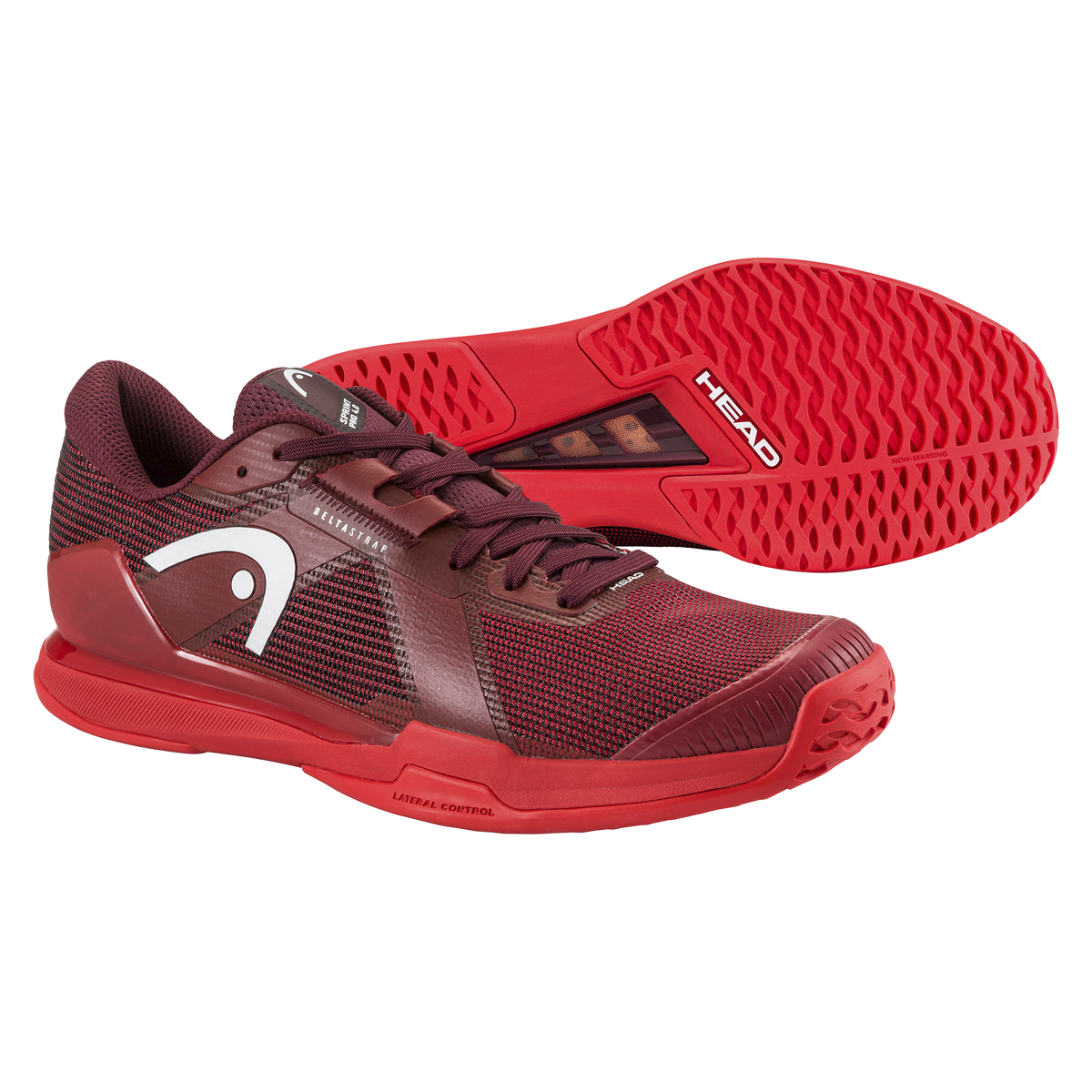 A studio product image of the HEAD Sprint Pro 4.0 men’s tennis shoe in a red colorway on a black background. One shoe is shown in a side profile highlighting the breathable mesh upper, supportive midfoot structure, and HEAD logo, while the second shoe is positioned behind it to display the red non-marking outsole with a textured herringbone-style tread for traction and lateral control.