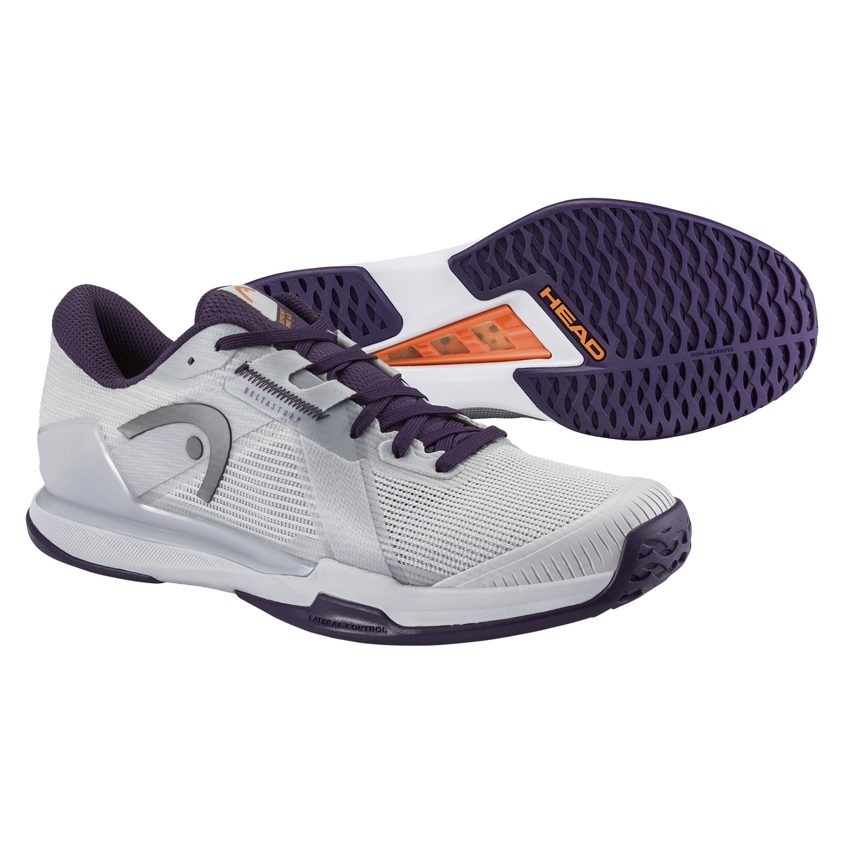A studio product image of the HEAD Sprint Pro 4.0 men’s tennis shoe in a white and purple colorway on a black background. One shoe is shown in side profile highlighting the breathable mesh upper, DeltaStrap support system, and HEAD logo, while the second shoe is positioned behind it to display the purple non-marking outsole with a textured herringbone-style tread and an orange midfoot support element.