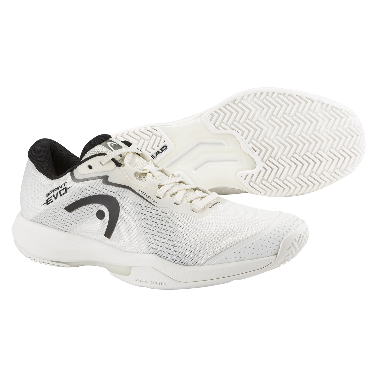 Product image of the HEAD Sprint Evo 4.0 men’s tennis shoe in white with black accents, shown in a dual-angle view on a black background, highlighting the breathable mesh upper, lateral support structure, cushioned midsole, and herringbone outsole tread.