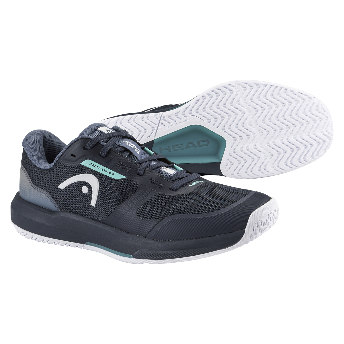 Product image of the HEAD Revolt Evo 5.0 men’s tennis shoe in dark grey and black with teal accents, shown in a dual-angle studio view on a black background, highlighting the breathable mesh upper, DeltaStrap support system, cushioned midsole, reinforced toe cap, and white herringbone non-marking outsole.