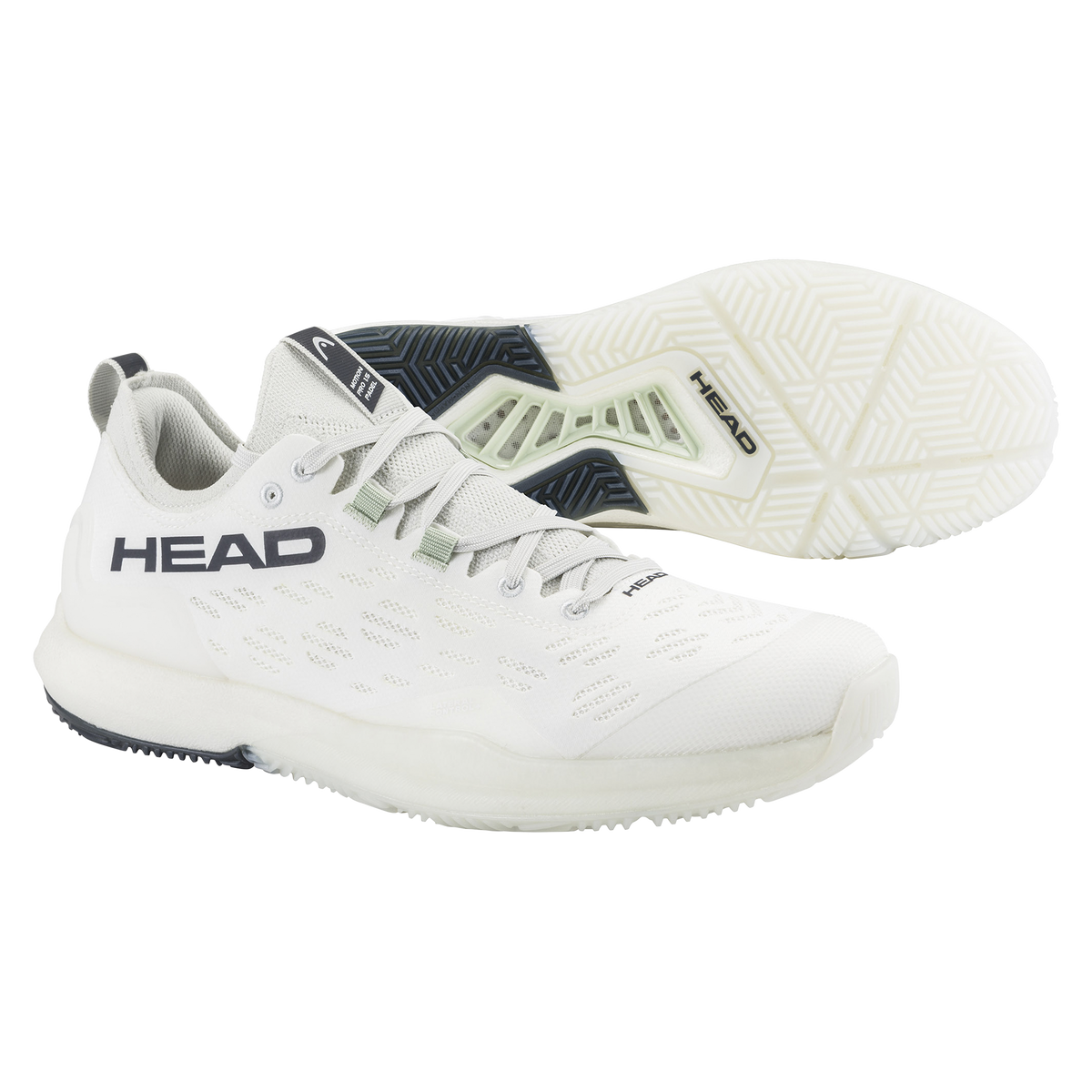 Product image of the HEAD Motion Pro 1.5 men’s padel shoe in white, shown with one shoe in side view and the other displaying the outsole, highlighting the lightweight perforated upper, secure lace system, cushioned midsole, and durable traction designed for padel court movement.