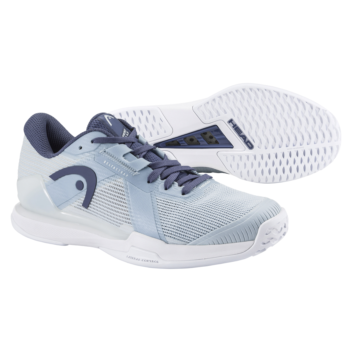 Product image of the HEAD Sprint Pro 4.0 women’s tennis shoe in light blue and navy, featuring a breathable mesh upper, DeltaStrap support system, reinforced toe guard, and non-marking rubber outsole, shown from side and outsole views.
