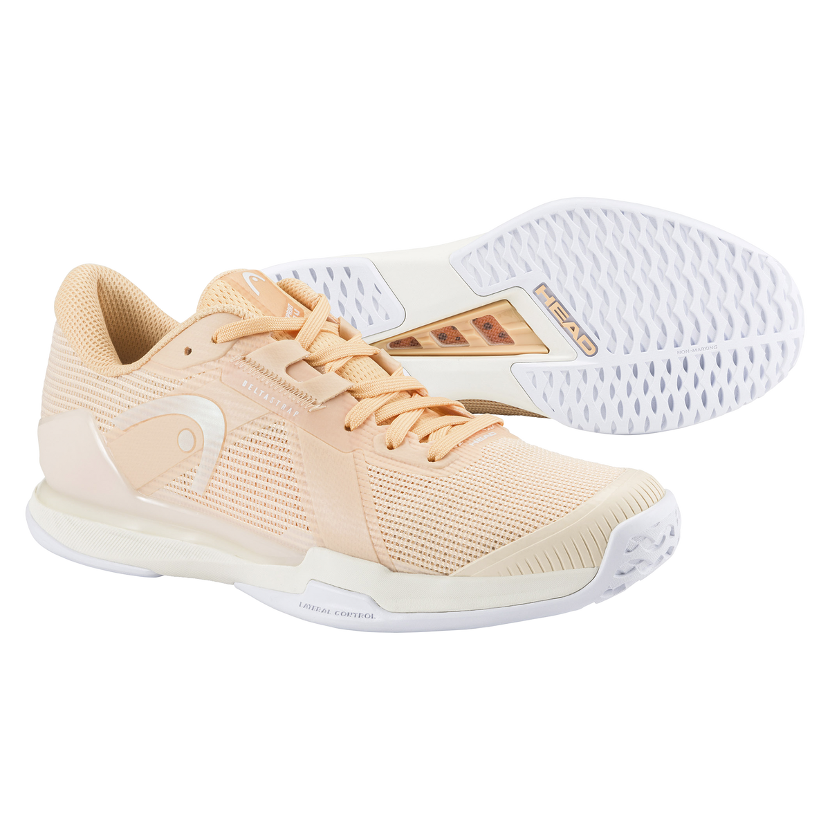 Product image of the HEAD Sprint Pro 4.0 women’s tennis shoe in apricot/peach tones with a lightweight mesh upper, DeltaStrap midfoot support, reinforced toe cap, and non-marking rubber outsole, displayed in side view with an additional outsole view.