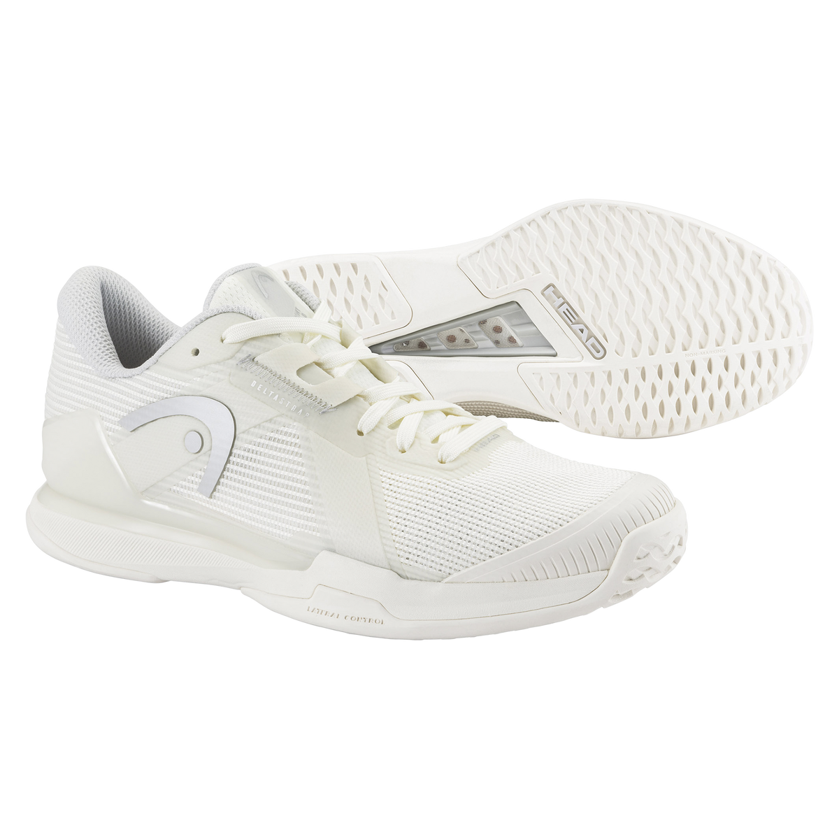 Studio product image of HEAD Sprint Pro 4.0 women’s tennis shoes in white, showing a side profile with a second shoe angled to display the non-marking outsole, highlighting lightweight mesh, lateral support, and court-ready traction on a black background.