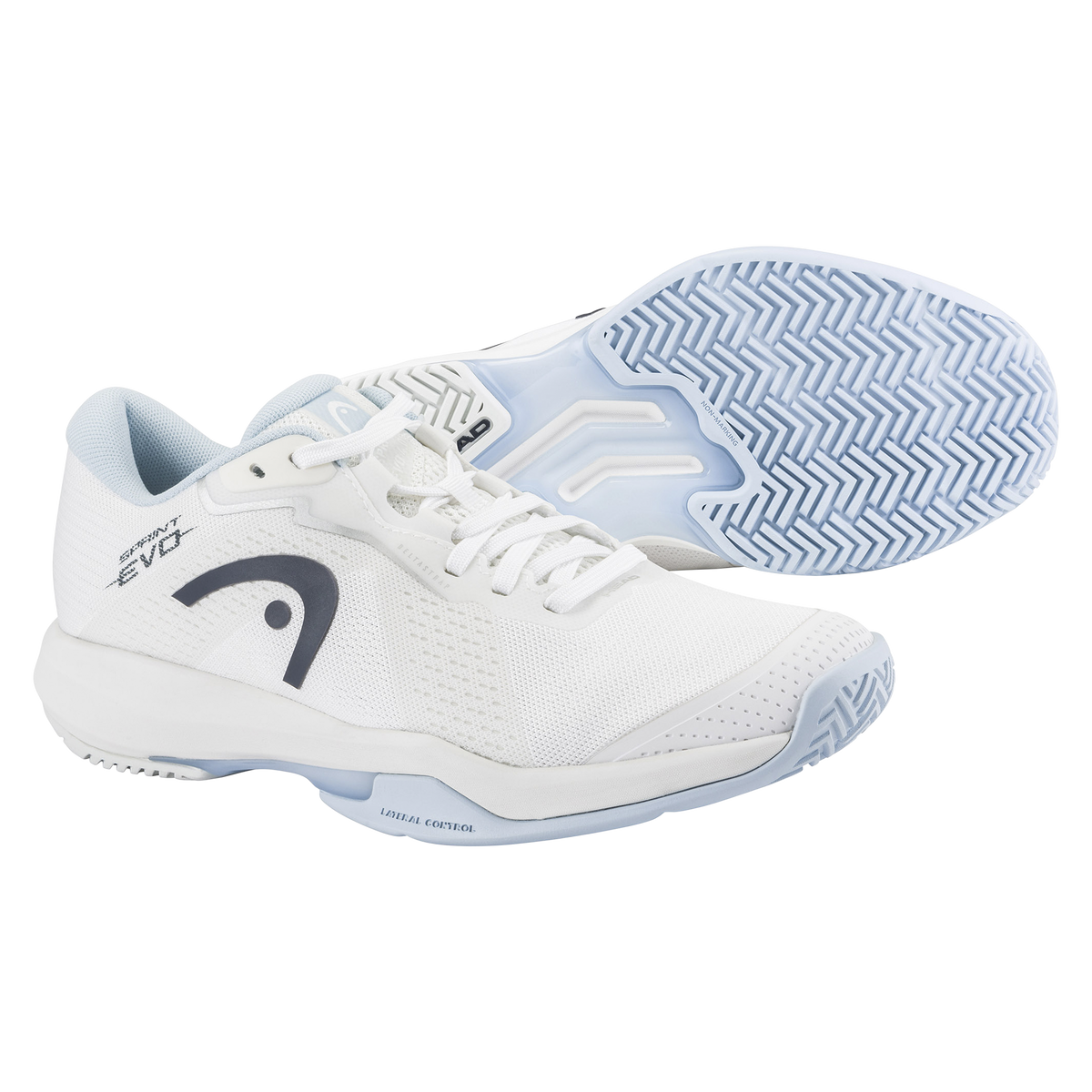 White HEAD Sprint Evo 4.0 women’s court shoe displayed with the outsole, featuring a lightweight mesh upper, supportive midsole with lateral control, and a light blue non-marking herringbone sole on a black background.