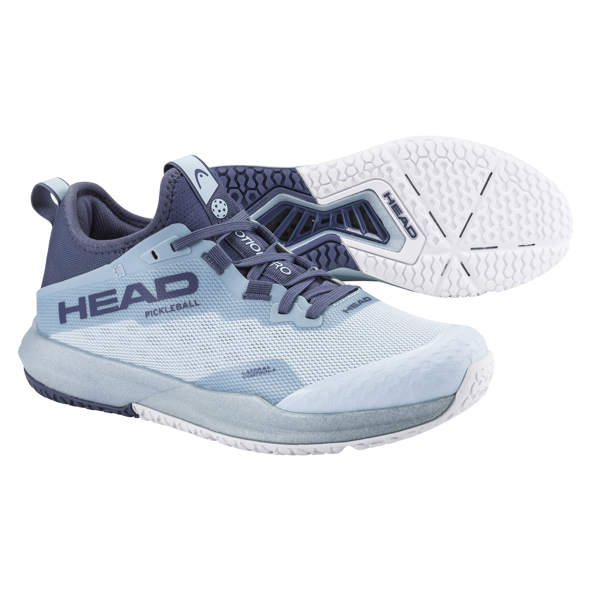 HEAD Motion Pro women’s pickleball shoe in light blue and navy, shown in a studio product view with one shoe angled forward and the other displaying the outsole, highlighting breathable mesh upper, lateral support structure, cushioned midsole, and non-marking pickleball-specific tread.