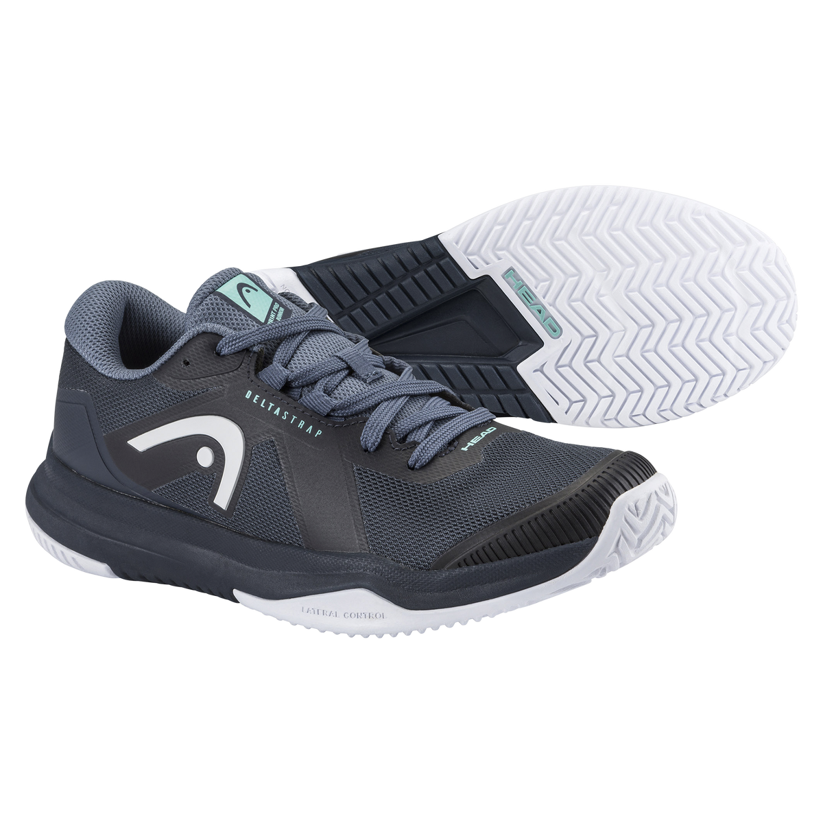HEAD Sprint Pro 4.0 junior tennis shoe in dark grey and black with mint accents, shown in a studio product view with one shoe angled forward and the other displaying the outsole, highlighting the breathable mesh upper, DeltaStrap support system, reinforced toe, cushioned midsole, and white herringbone traction outsole for lateral control.