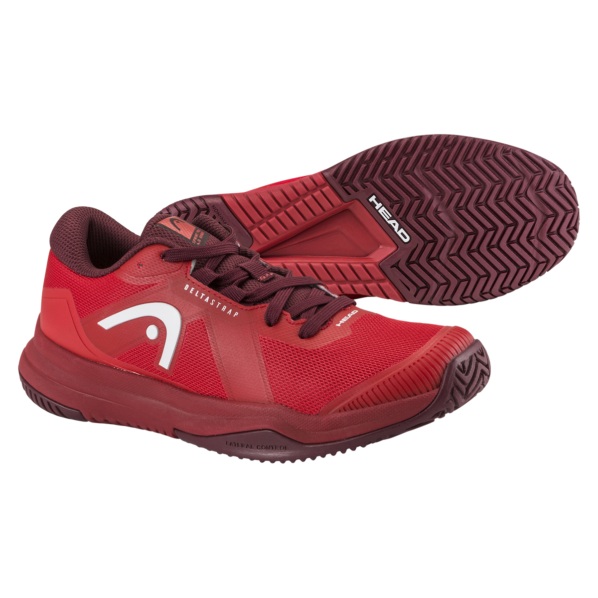 Product image of HEAD Sprint Pro 4.0 junior tennis shoes in red, showing a side profile and outsole view, highlighting the breathable mesh upper, reinforced toe, lateral support, and herringbone traction sole.