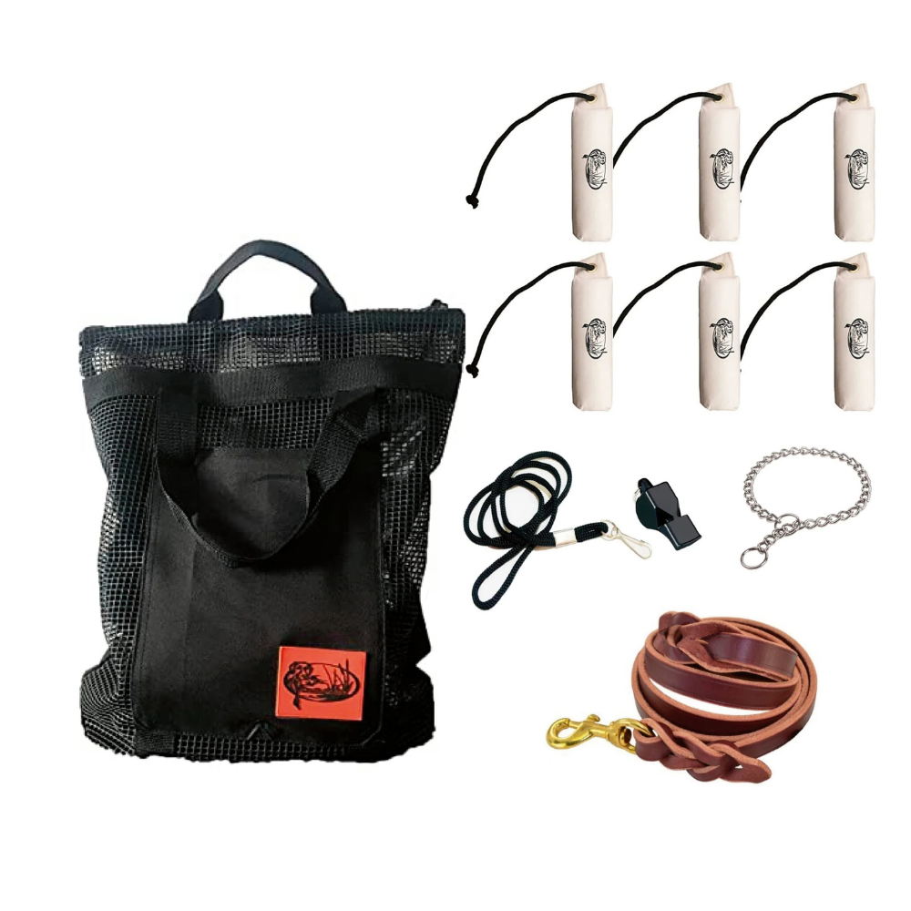 HuntEmUp Hunting Dog Essentials Training Kit - Large Canvas White Bumpers 6pc + Mesh Bumper Bag + Whistle & Lanyard + Braided Leather Leash + Training Chain