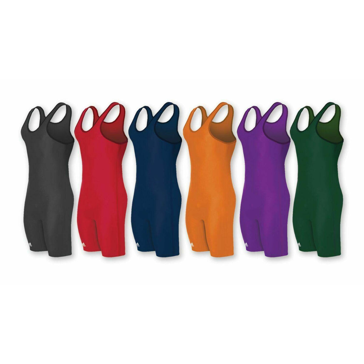 Six Adidas wrestling singlets displayed side by side in black, red, navy, orange, purple, and green on a white background.