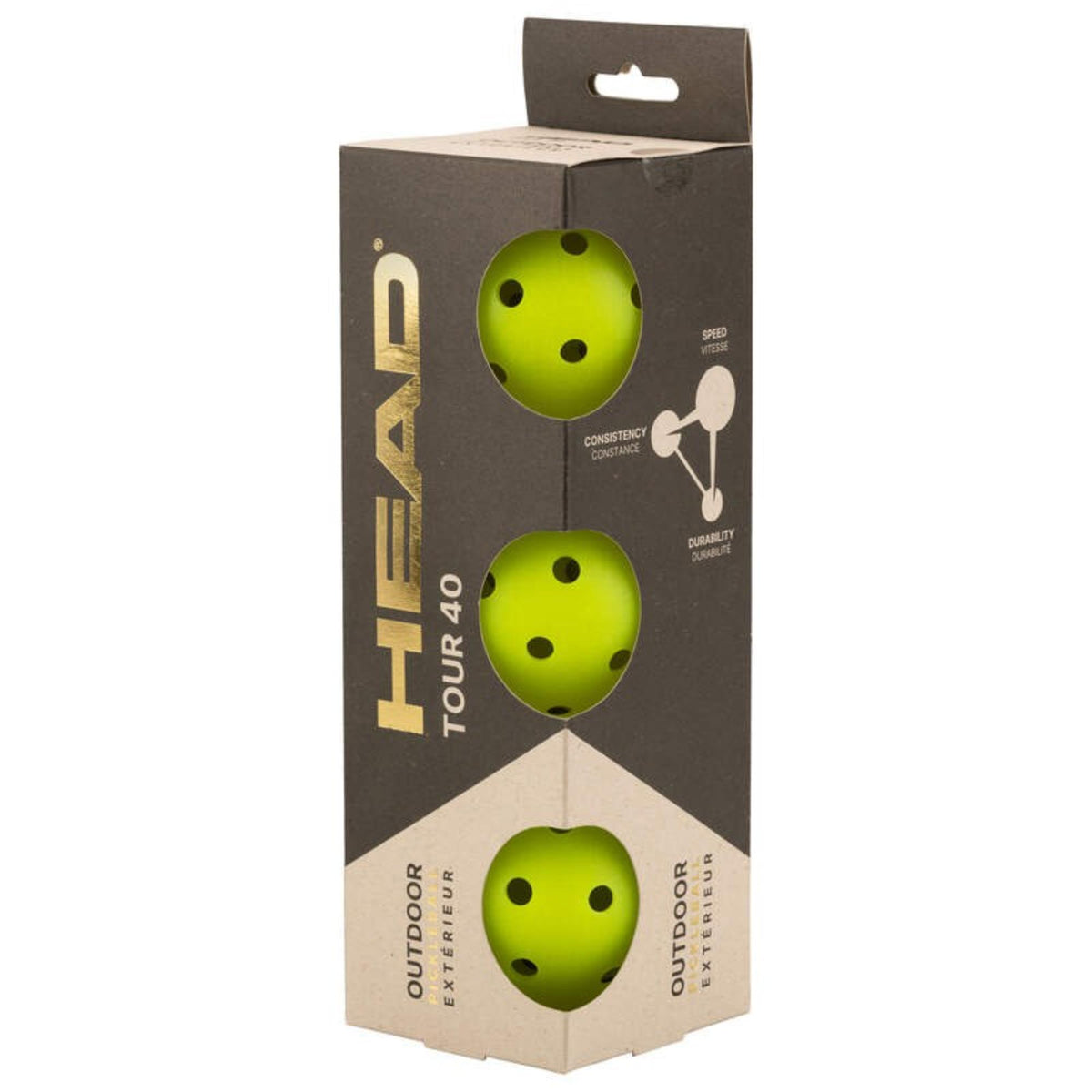 Box of outdoor pickleballs with three perforated balls visible through circular cutout windows in the packaging.
