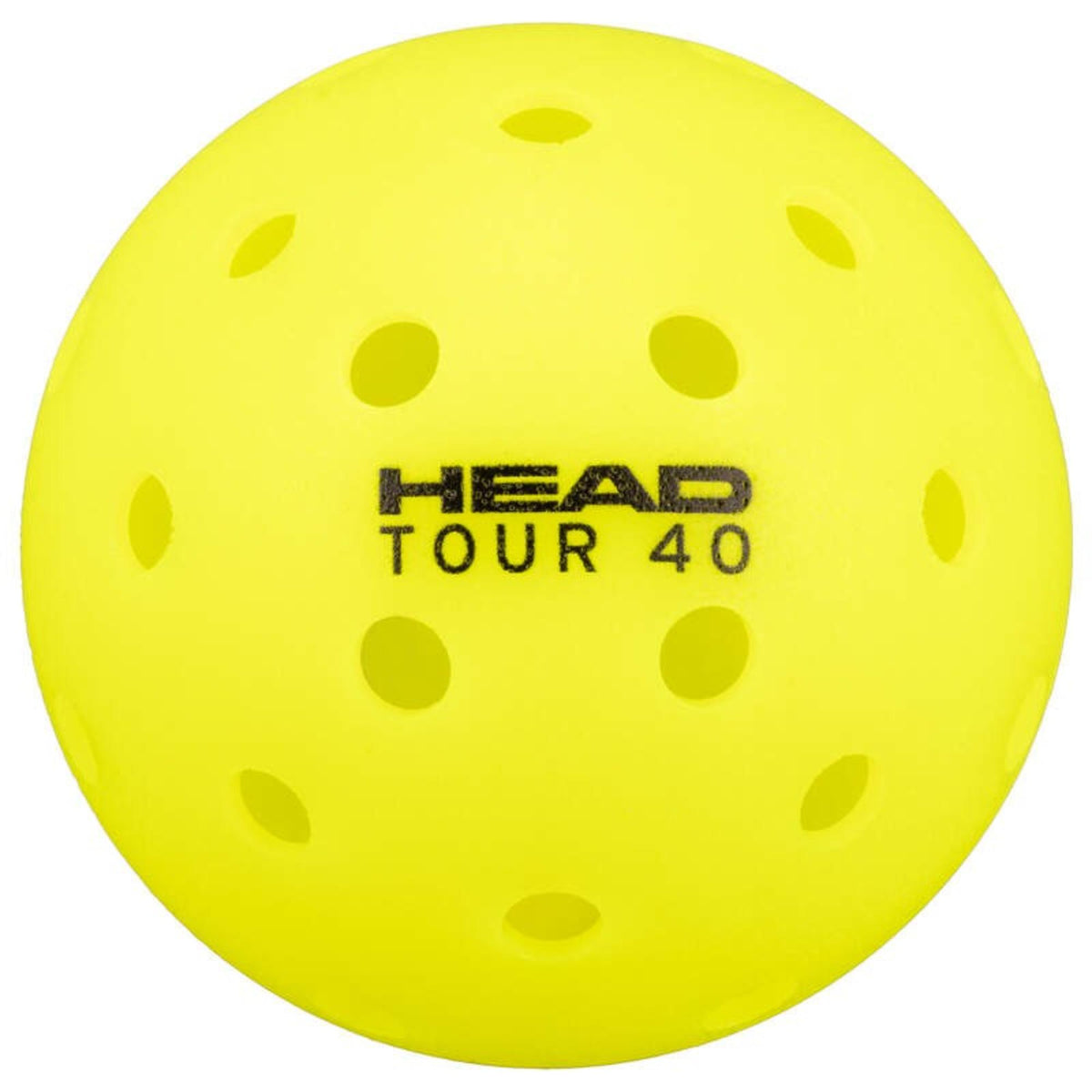 HEAD Tour 40 pickleball ball with durable construction and evenly spaced holes designed for consistent bounce and flight.