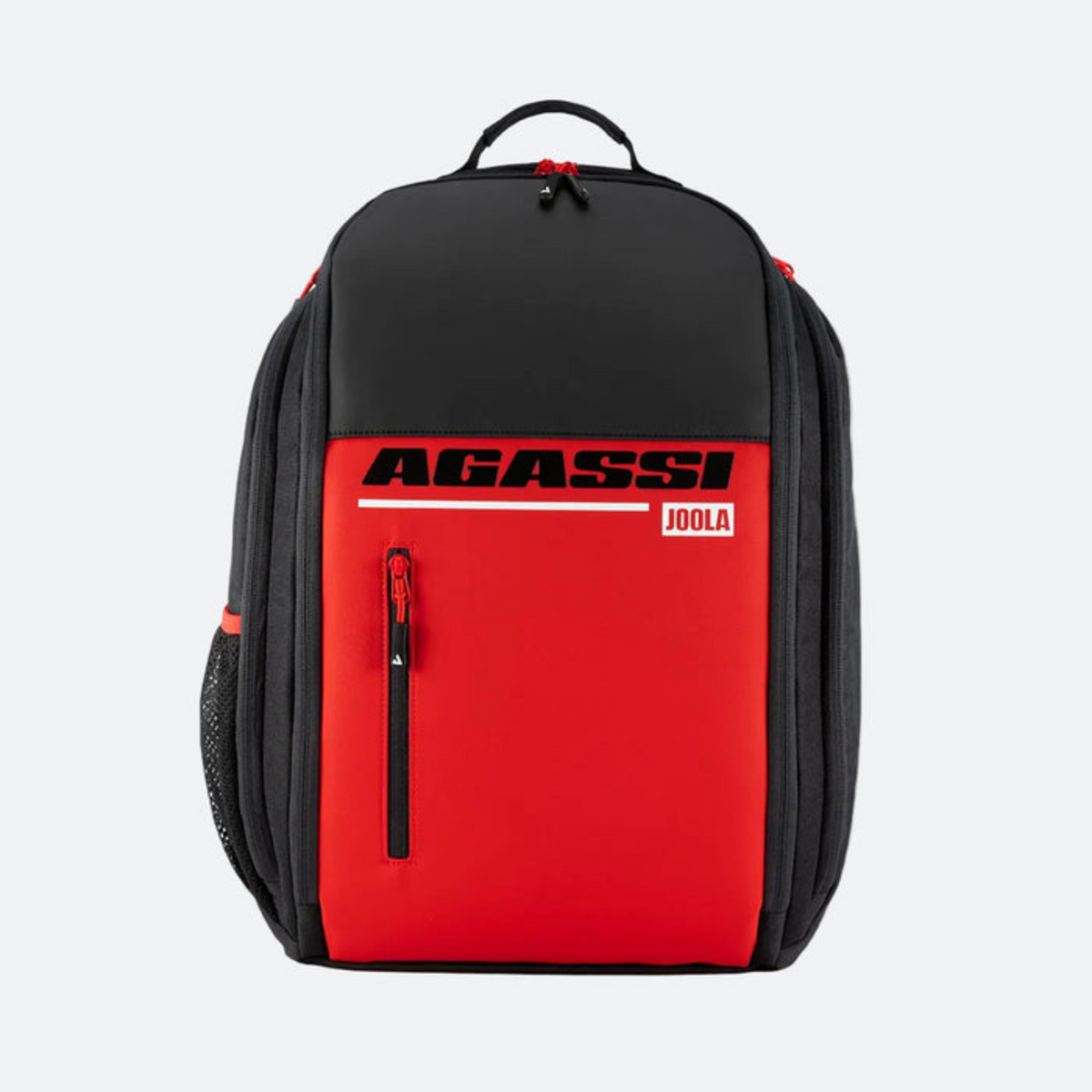 Black and red backpack with Agassi branding on a white background