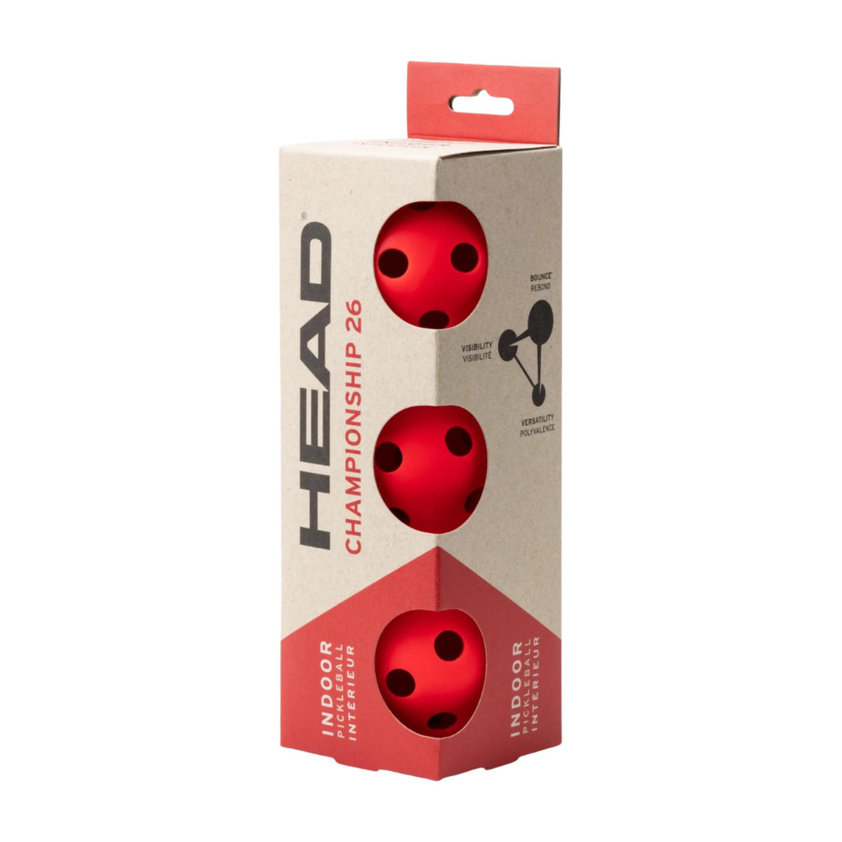 Box of HEAD Championship 26 indoor pickleballs with three balls visible through cutout windows in the packaging.