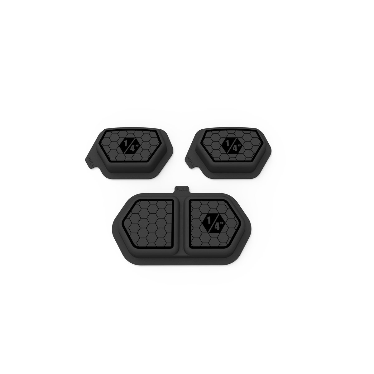 SCHUTT F7 2.0 Fit Kit with four black helmet padding inserts featuring hex-patterned surfaces and 1/4-inch thickness markings, displayed on a white background.